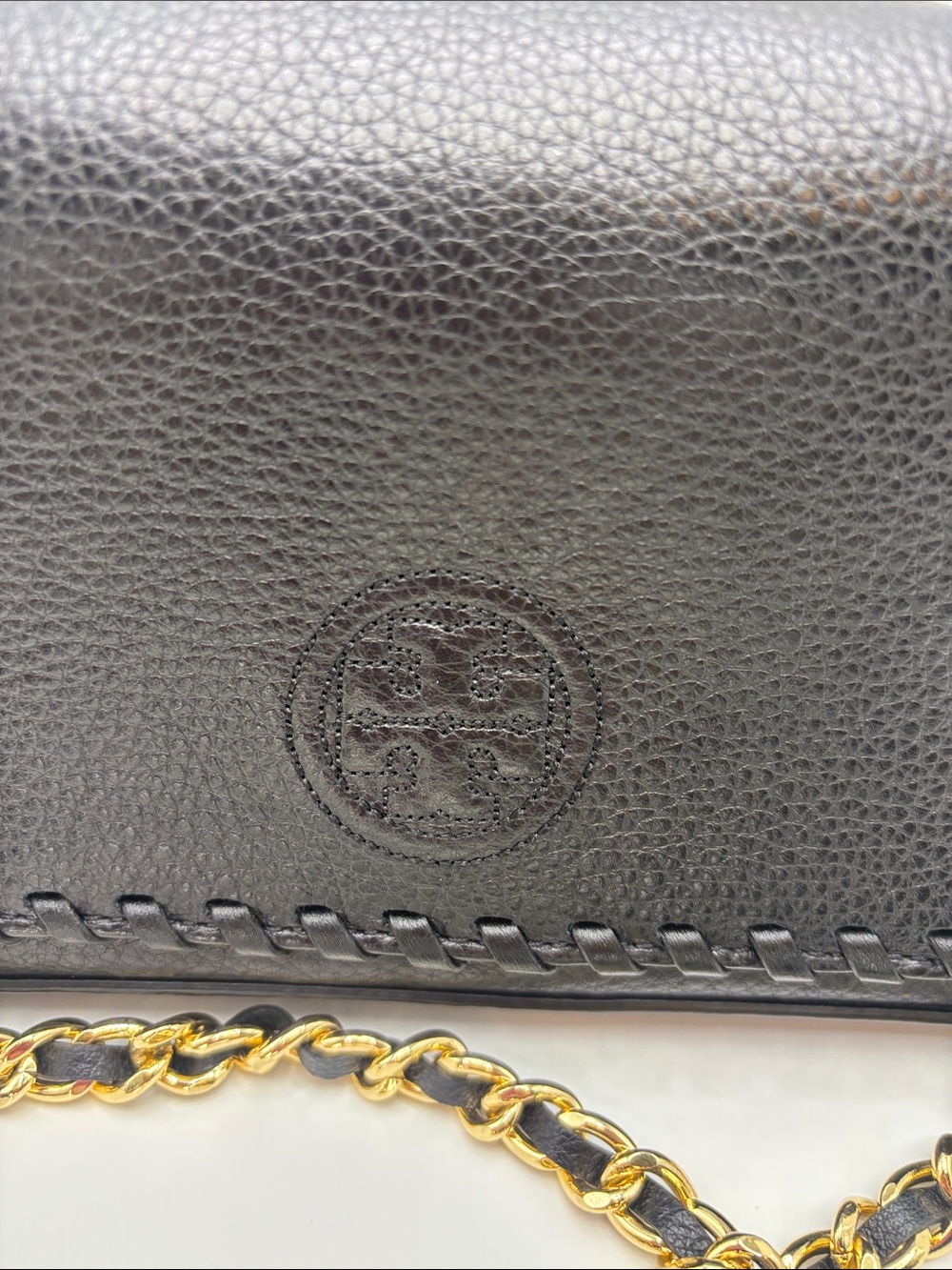 Tory Burch Black Pebbled Leather Whipstitch Chain Crossbody with Gold Hardware - Picture 2 of 14